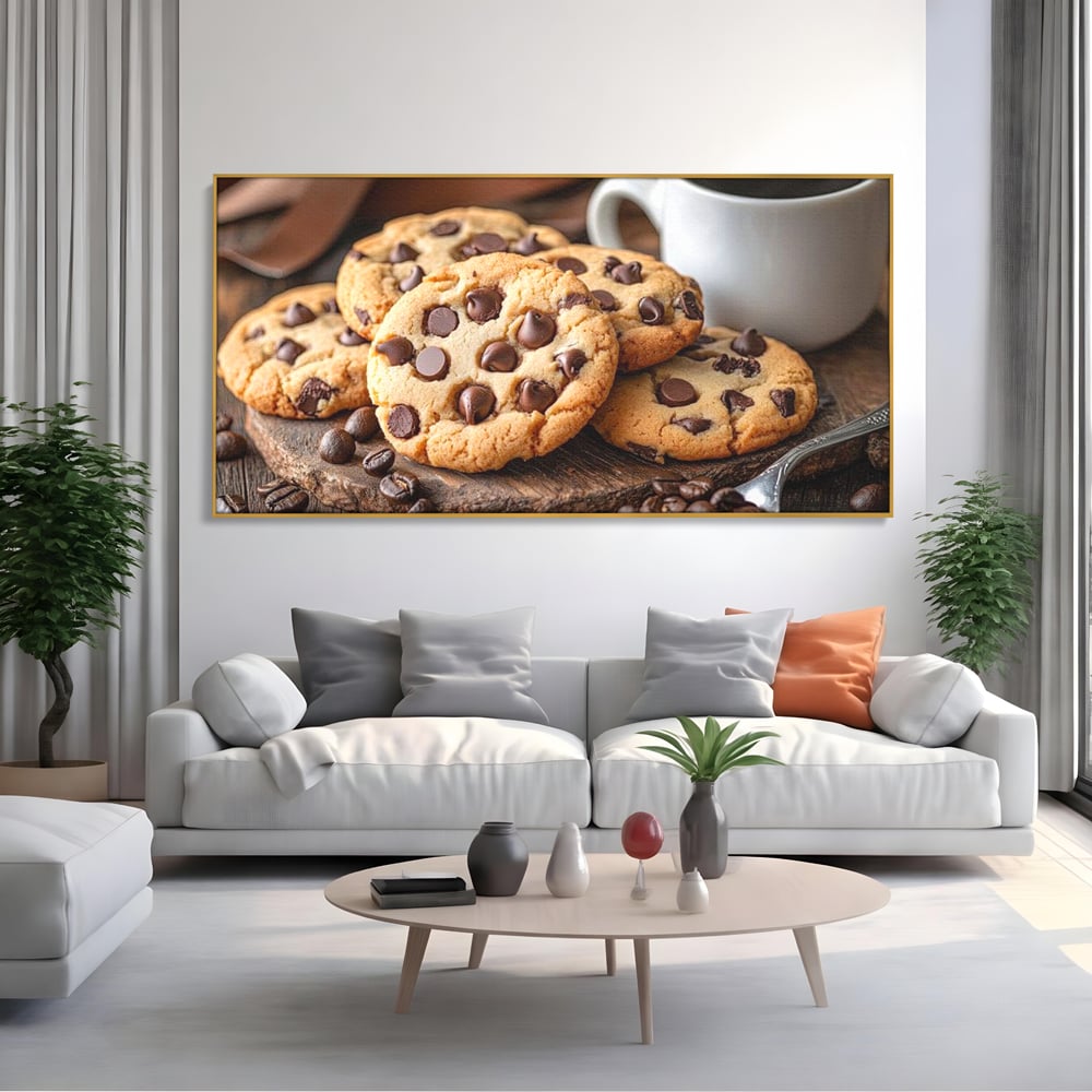 Tablou canvas cu tablou canvas cu fursecuri si cafea, in rama de aluminiu auriu, pe perete intr-un living